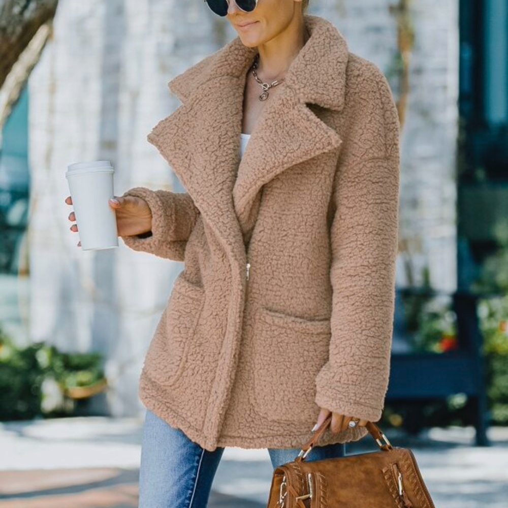 Cozy Khaki Tan Wide Collar Teddy Jacket Coat Oversized - Picture 12 of 16